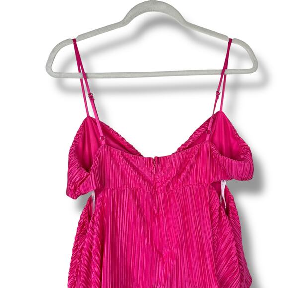 Lulus Sleek Dedication Hot Pink Satin Plisse Pleated Cutout Tiered Mini Dress XL - Picture 9 of 10
